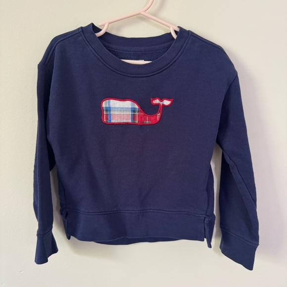 Girls Vineyard Vines Size 4T Navy Blue Pullover Plaid Whale Crewneck Sweatshirt - Picture 1 of 3